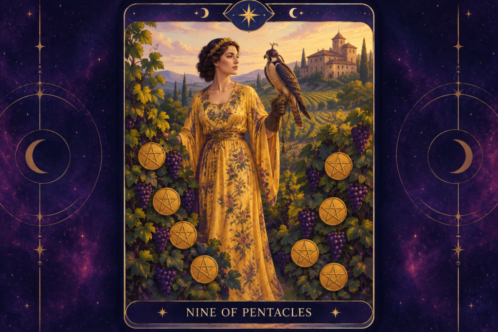 Nine of Pentacles Tarot Card