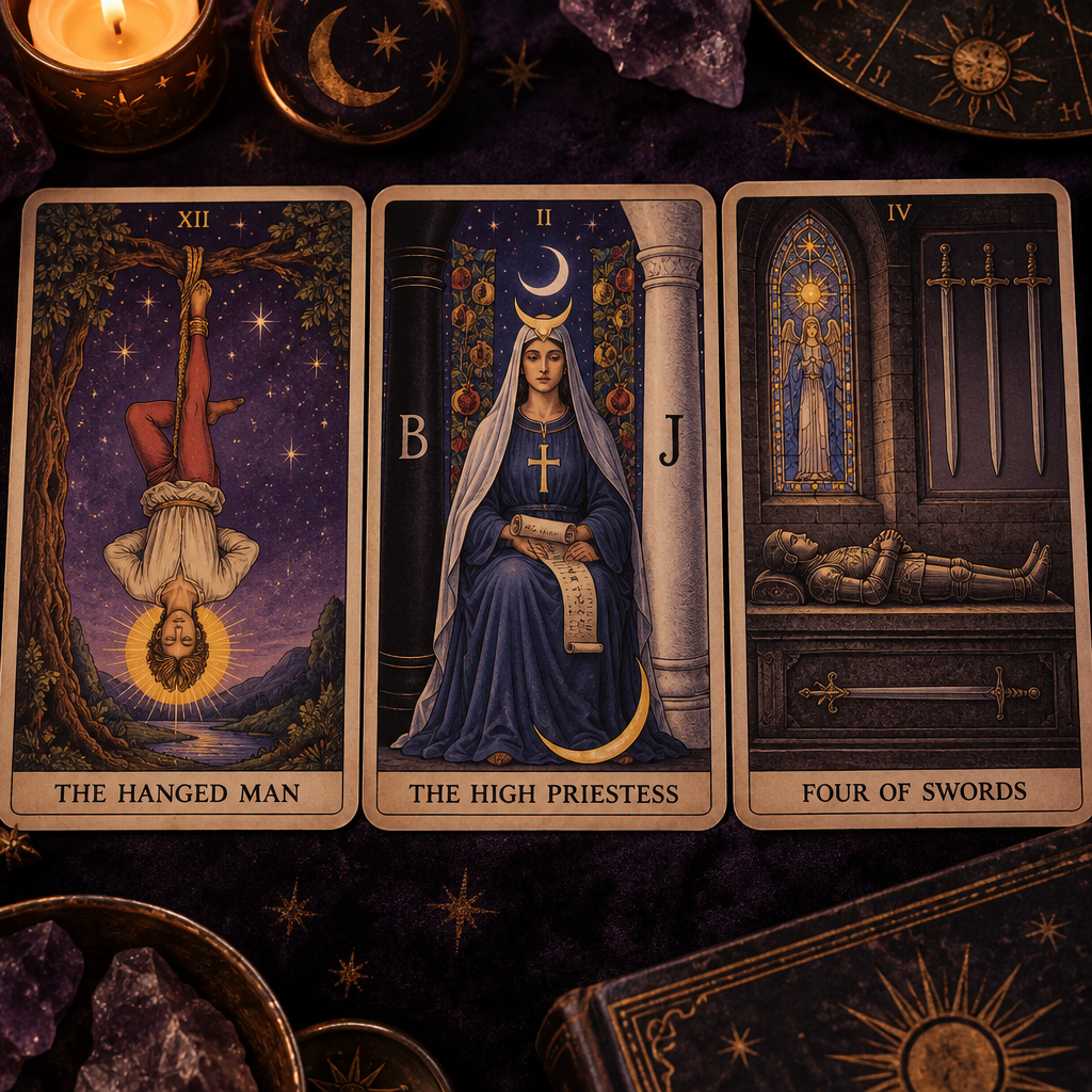 The Hanged Man, High Priestess, Four of Swords Cards