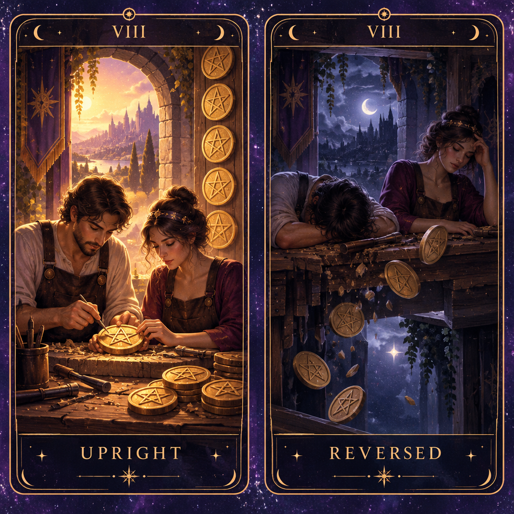 Upright vs Reversed Eight of Pentacles in Love