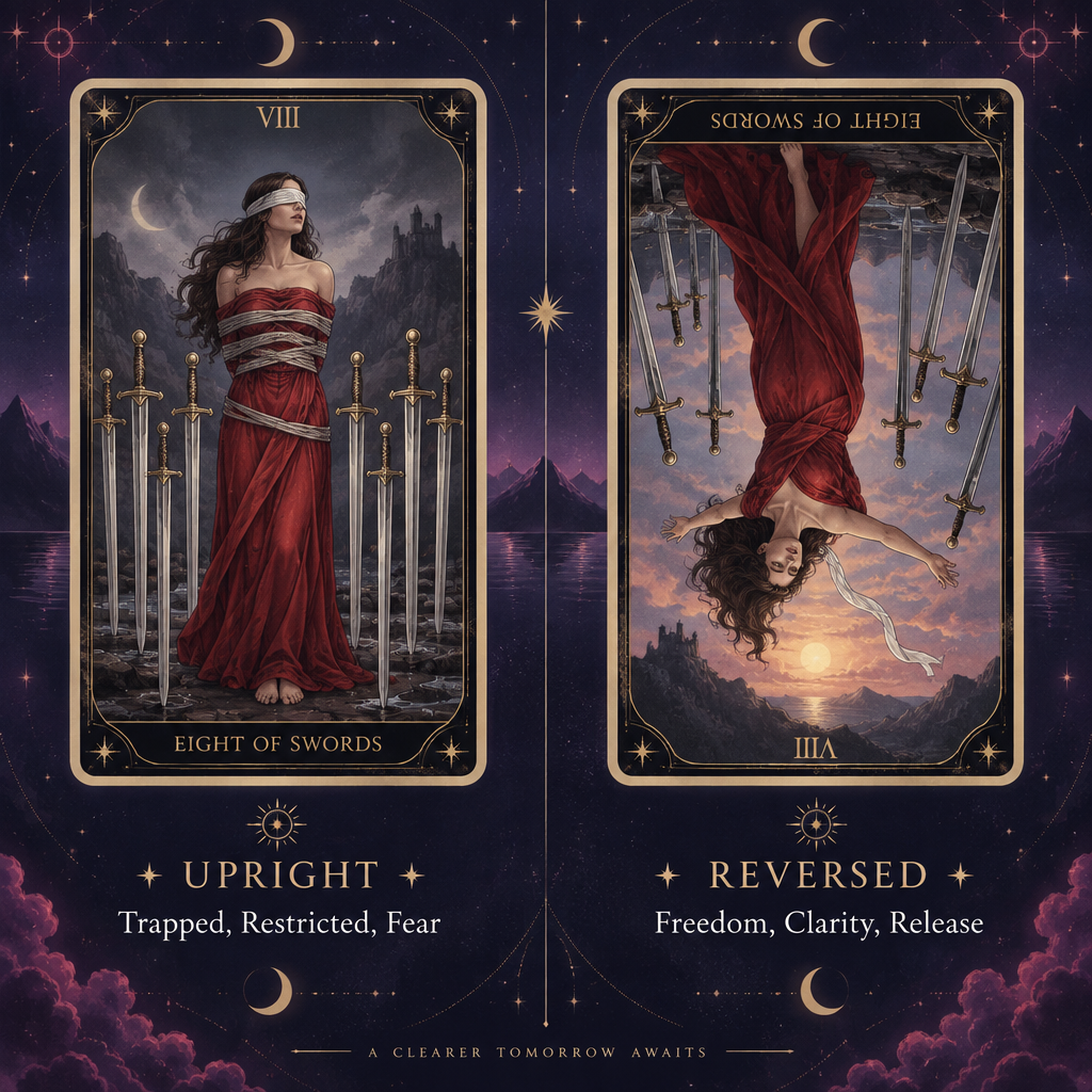 Upright vs Reversed Eight of Swords in Love