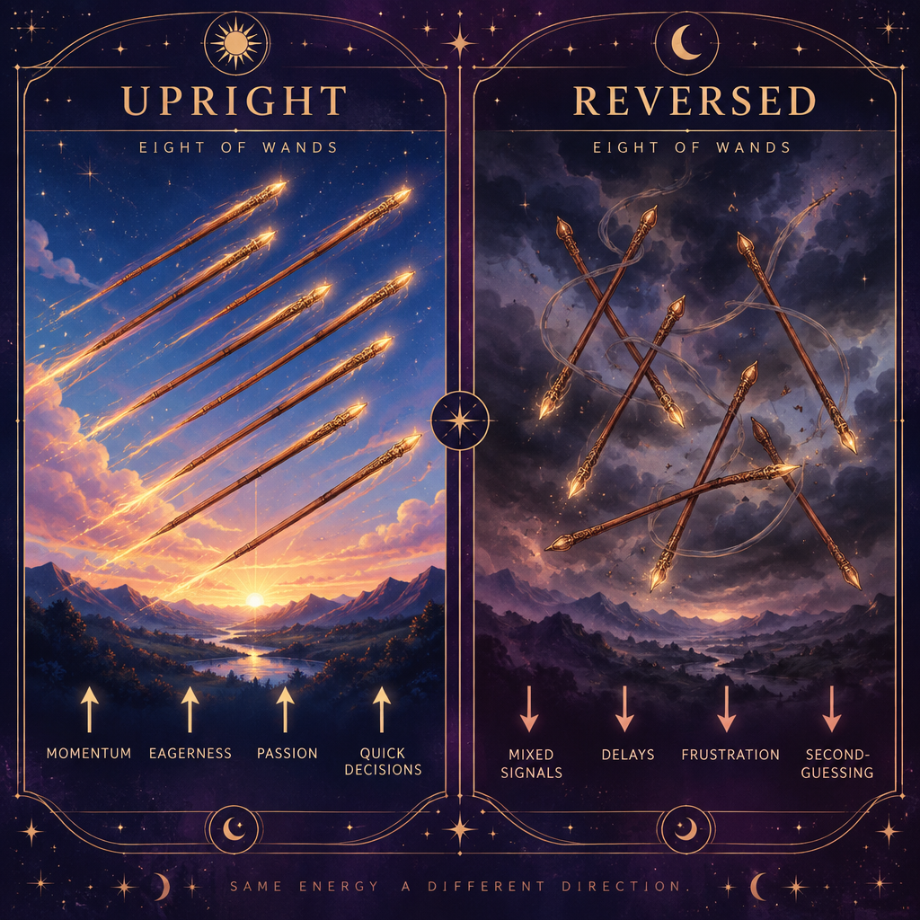 Upright vs Reversed Eight of Wands Feelings