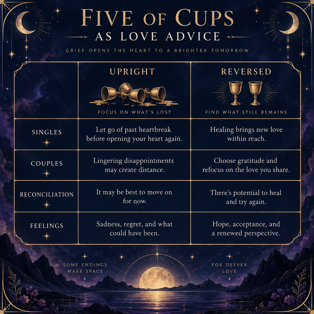 Five of Cups Upright vs Reversed Love Advice