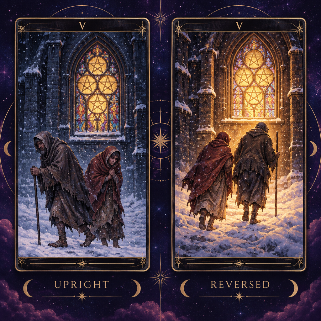 Upright vs Reversed Five of Pentacles in Love