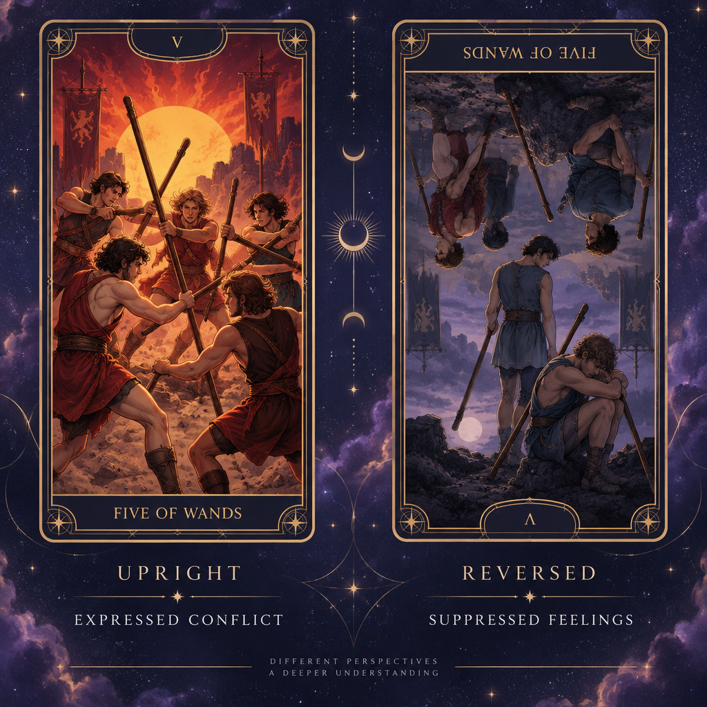 Upright vs Reversed Five of Wands Feelings