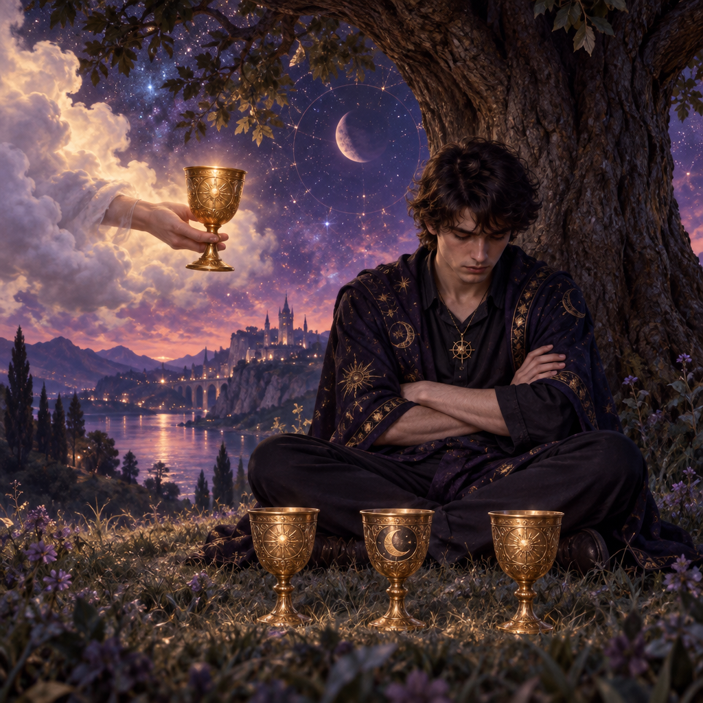 Man Under Oak Tree Ignoring Offered Cup