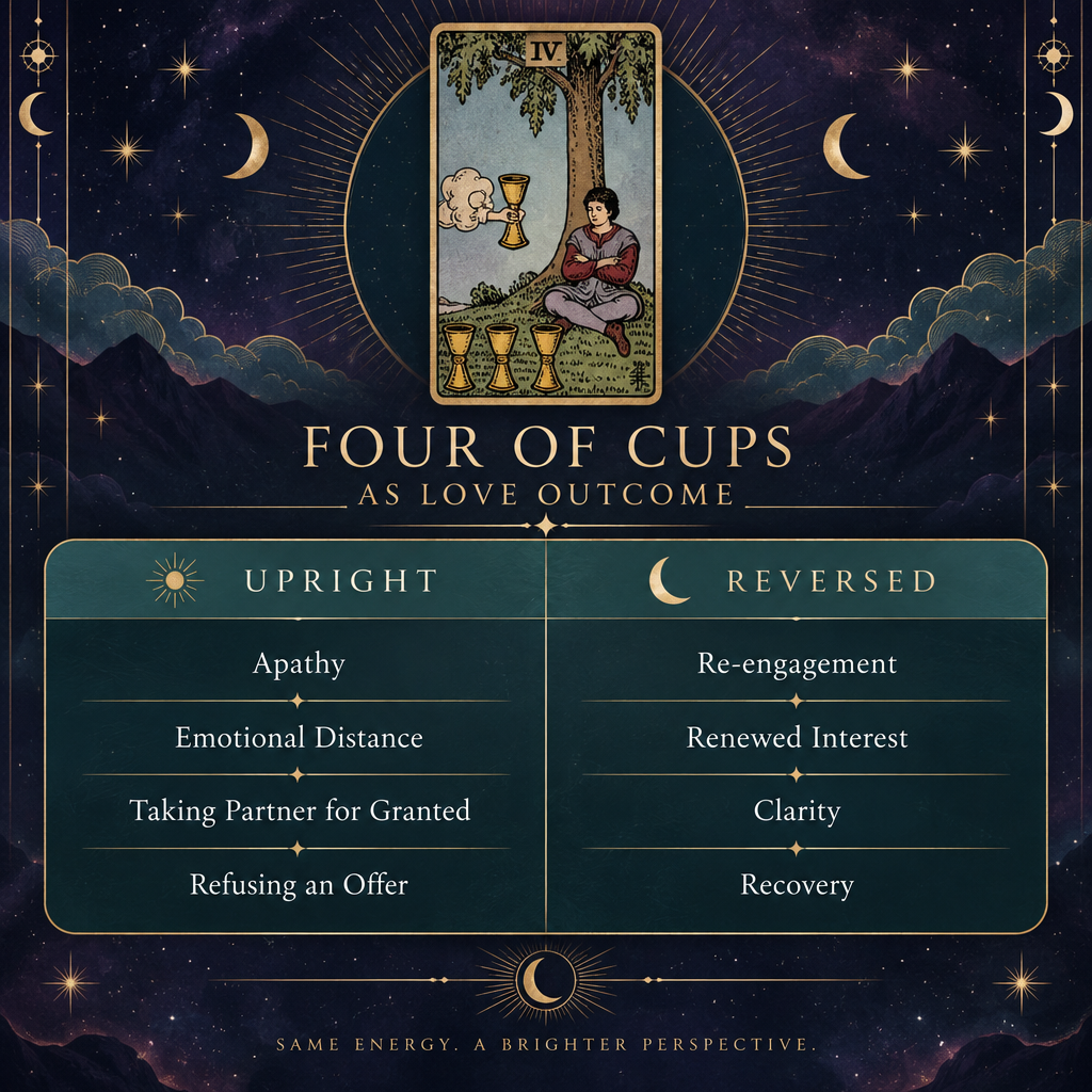 Four of Cups Upright vs Reversed Love Meanings