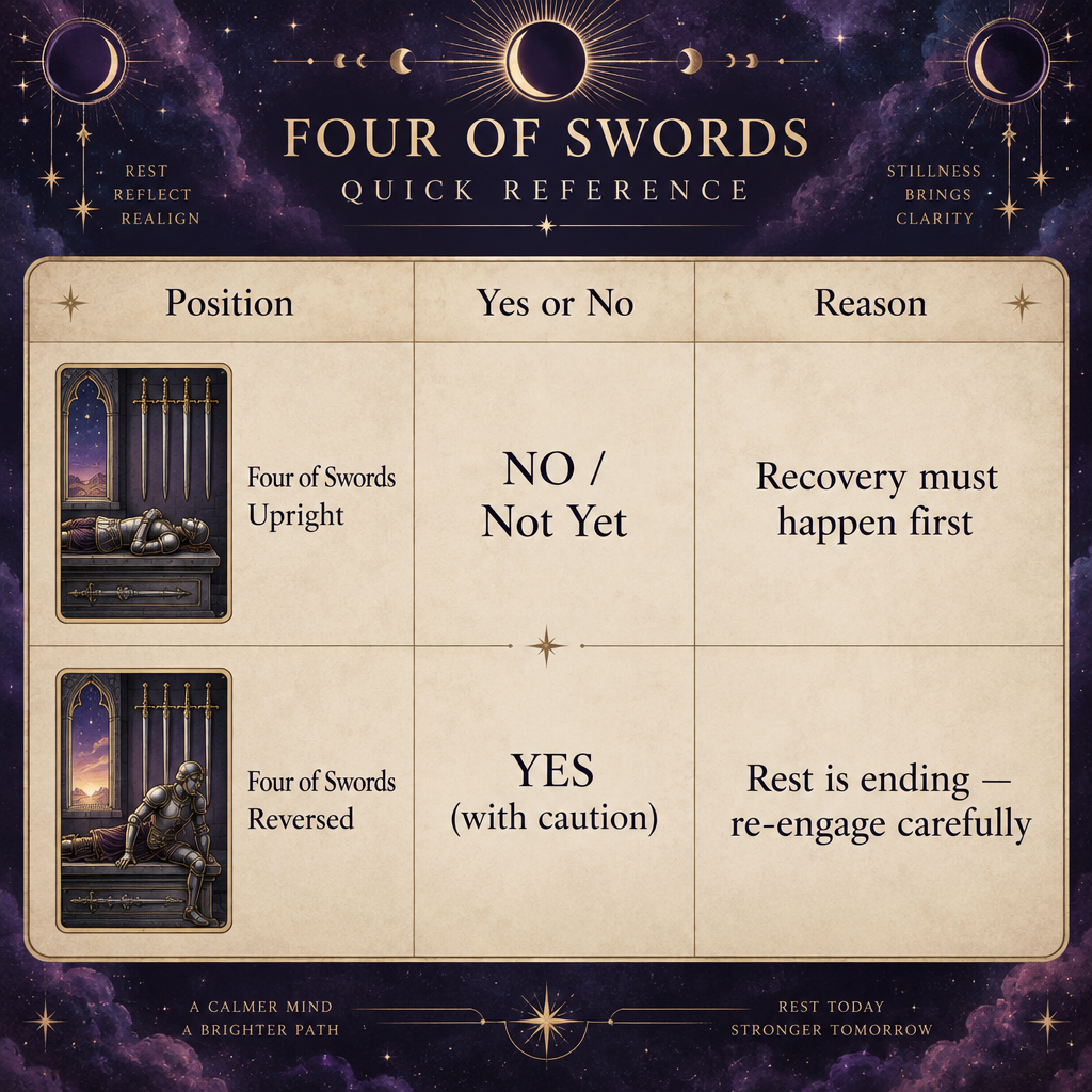Four of Swords Yes or No Quick Reference Table