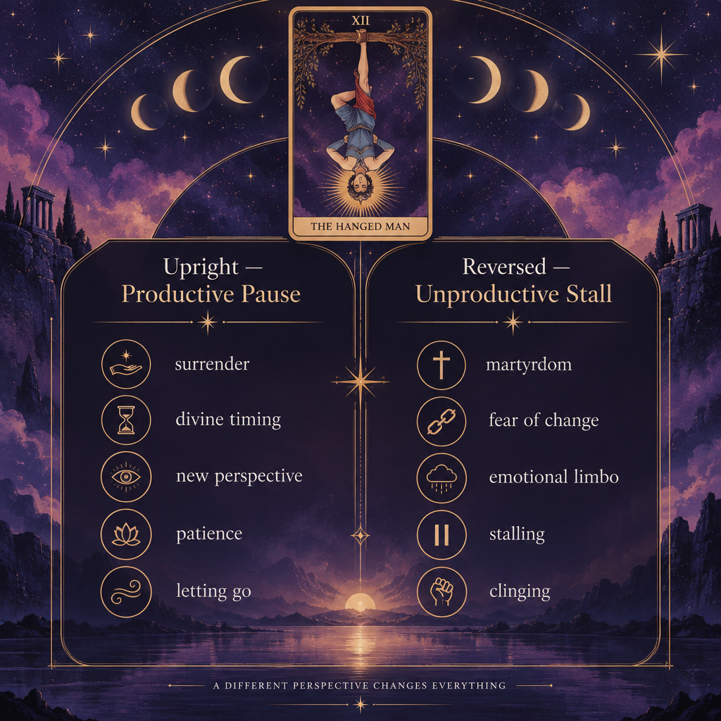 Hanged Man Upright vs Reversed Love Keywords Table