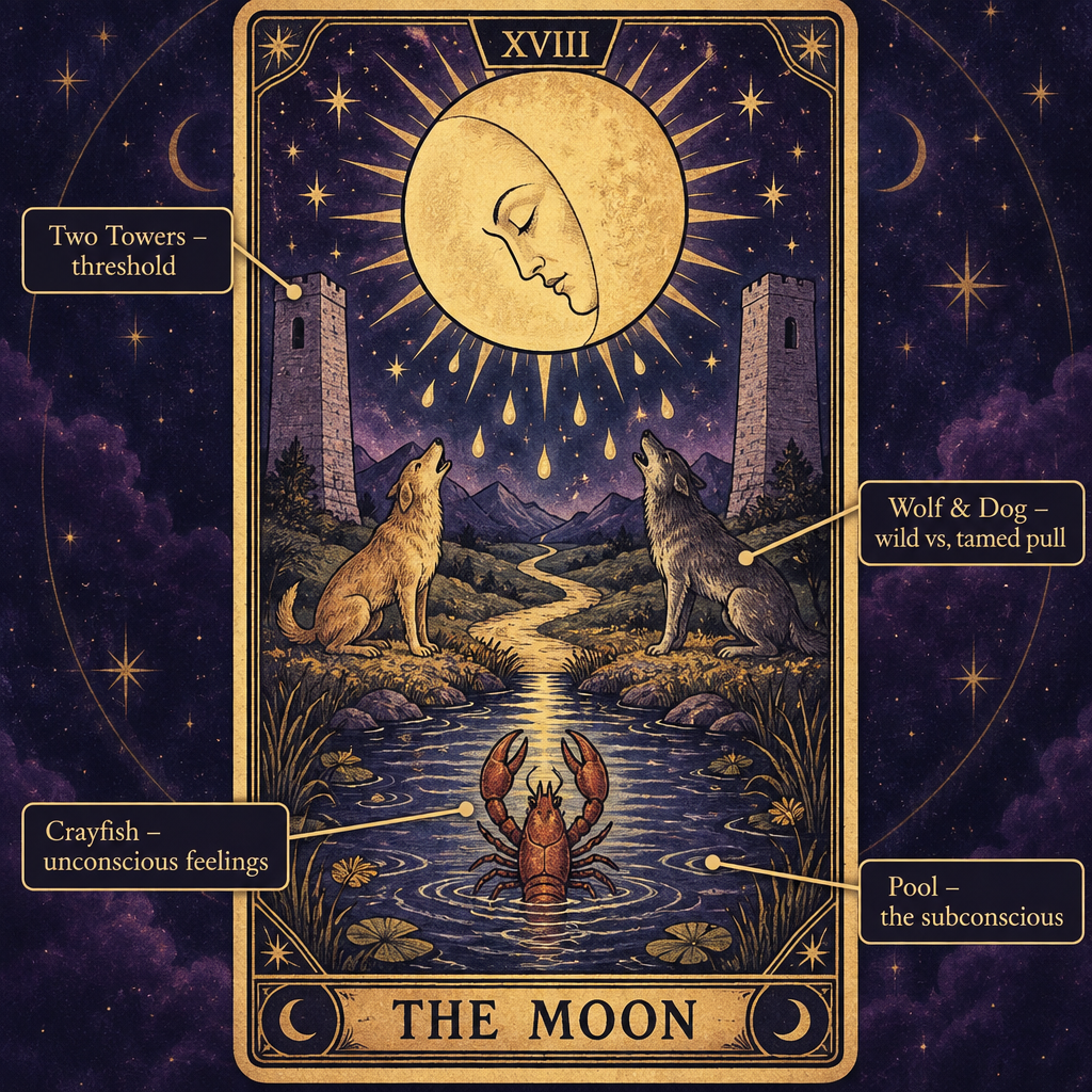 Moon Tarot Card XVIII – Rider-Waite Imagery Breakdown