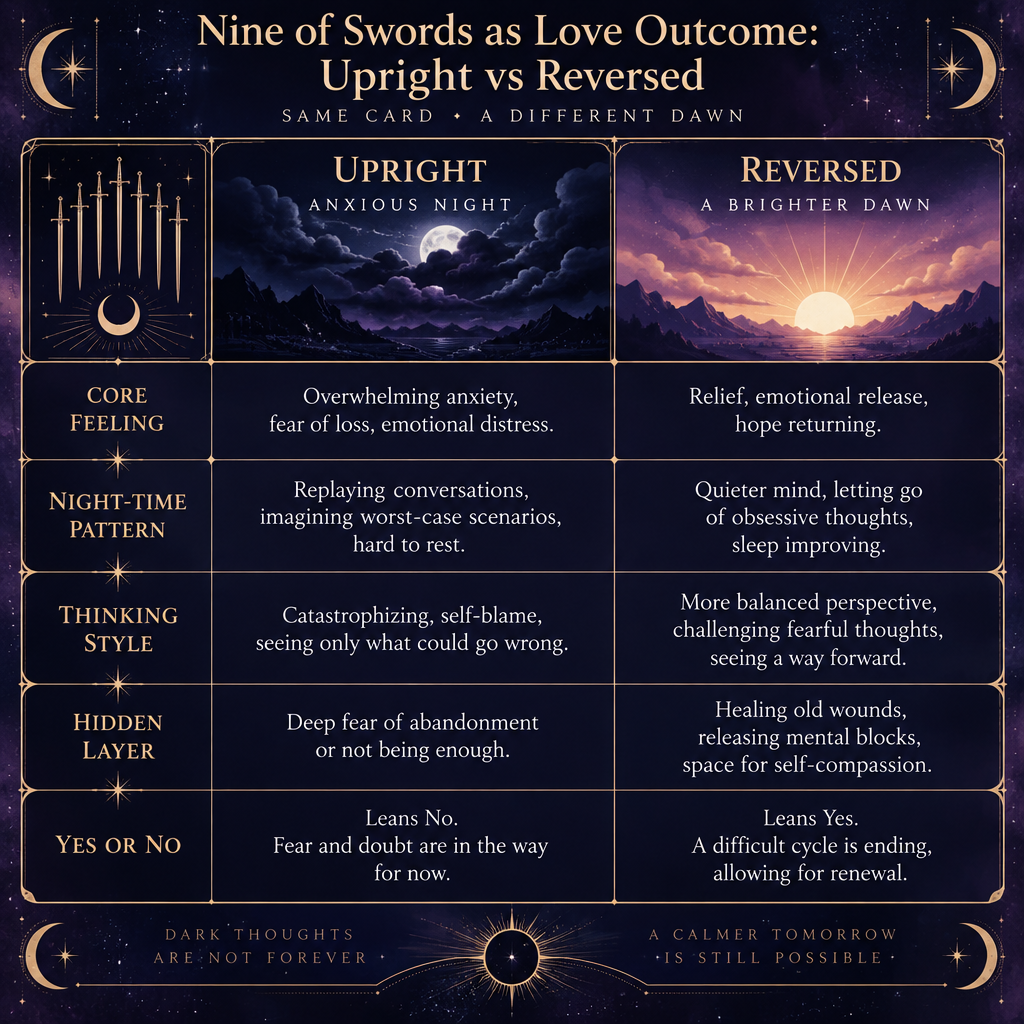 Upright vs Reversed Nine of Swords Love Comparison