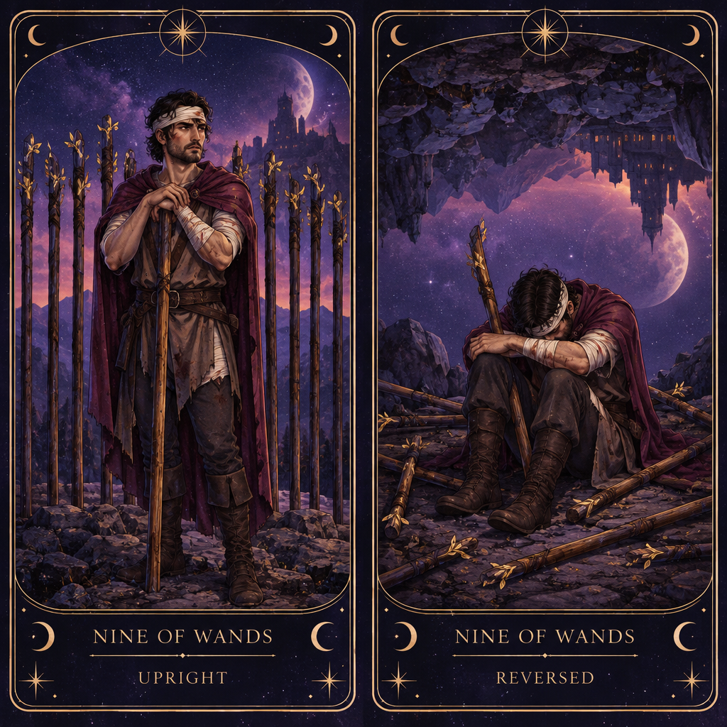 Nine of Wands Tarot Card Upright and Reversed