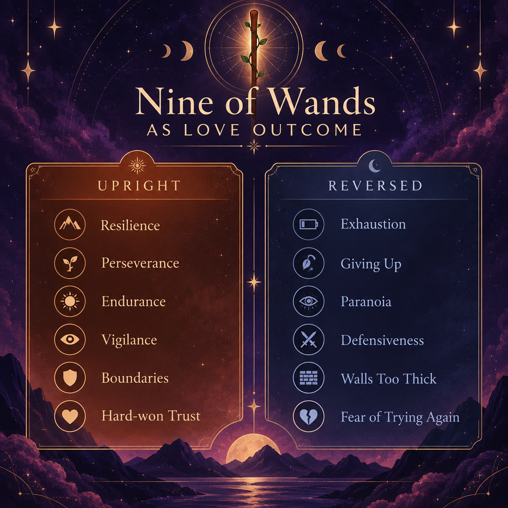 Upright vs Reversed Nine of Wands Love Keywords