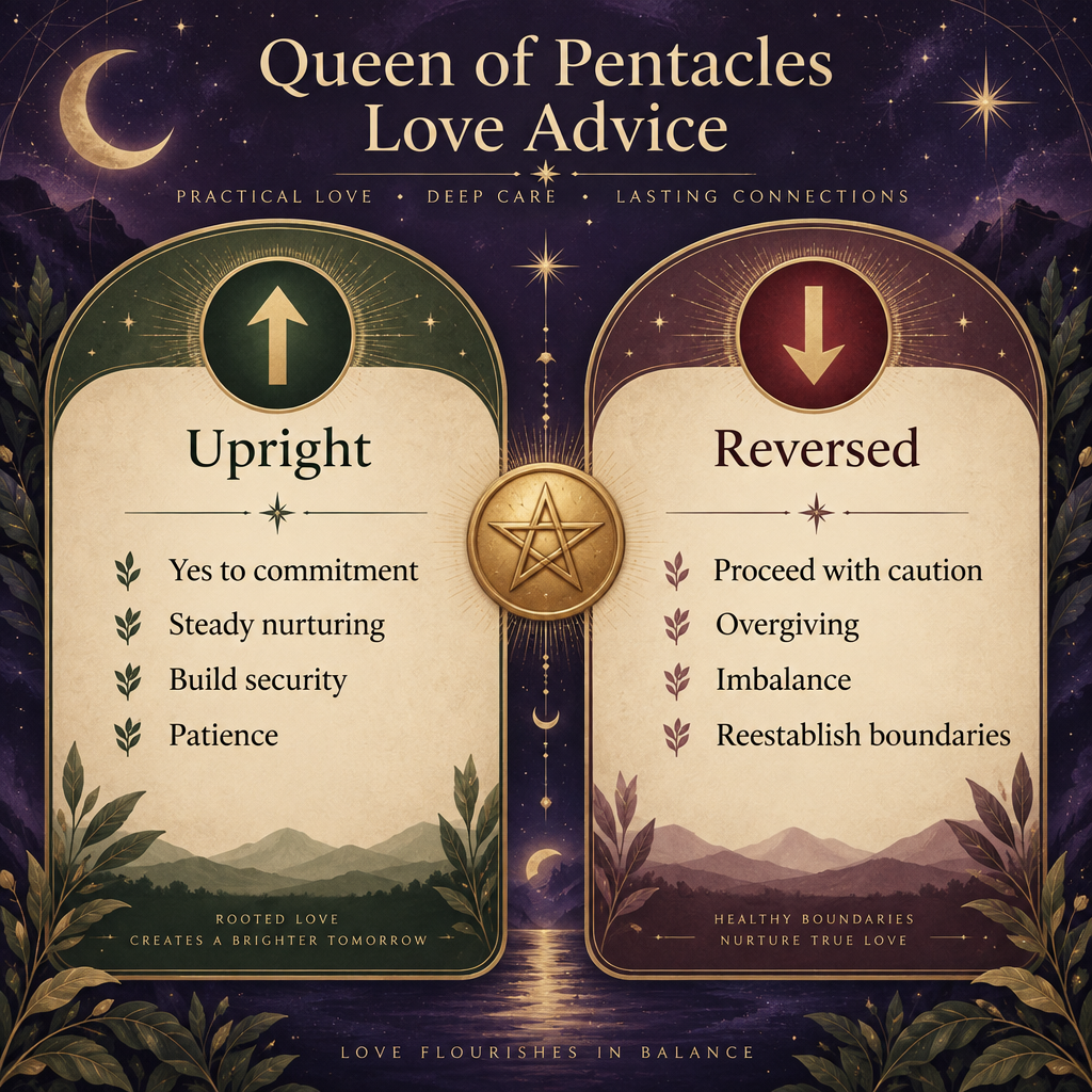 Upright vs Reversed Queen of Pentacles Love Advice