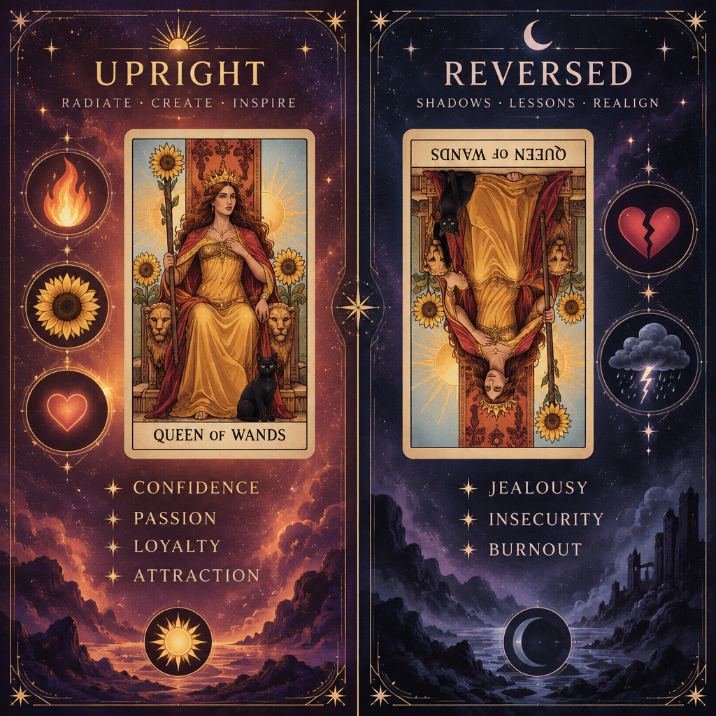 Queen of Wands Upright vs Reversed Love Meanings