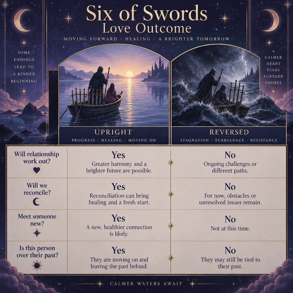Upright vs Reversed Six of Swords Love Outcomes