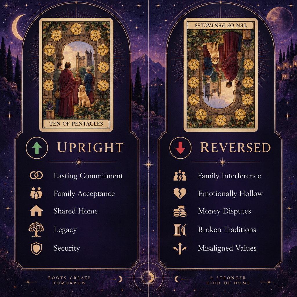 Upright vs Reversed Ten of Pentacles in Love