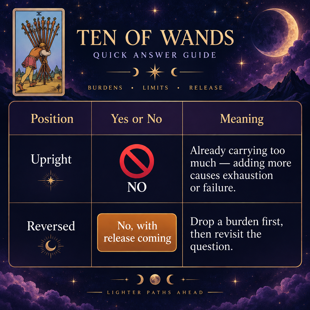 Ten of Wands Upright vs Reversed Yes/No Table