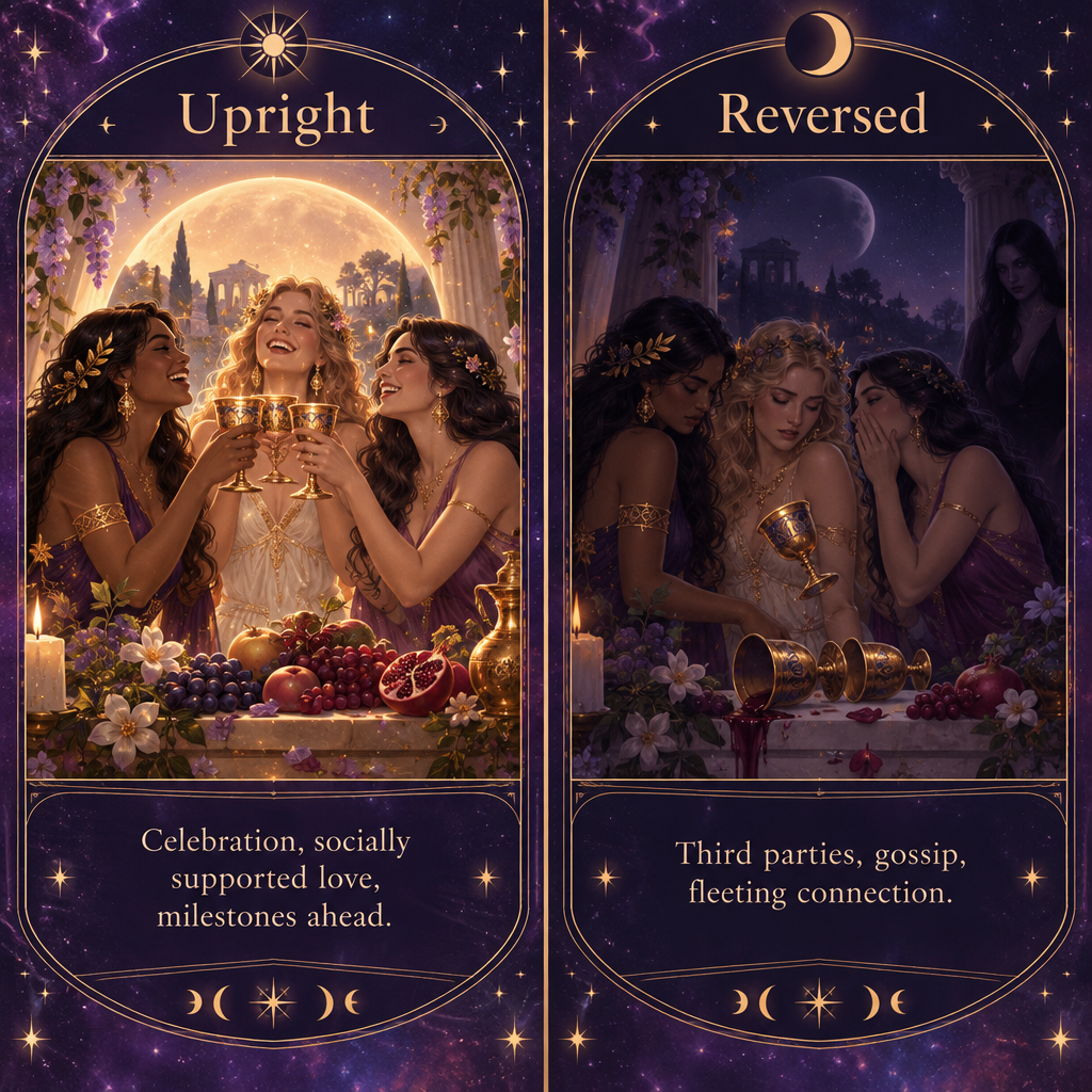 Three of Cups Upright vs Reversed Love Outcome