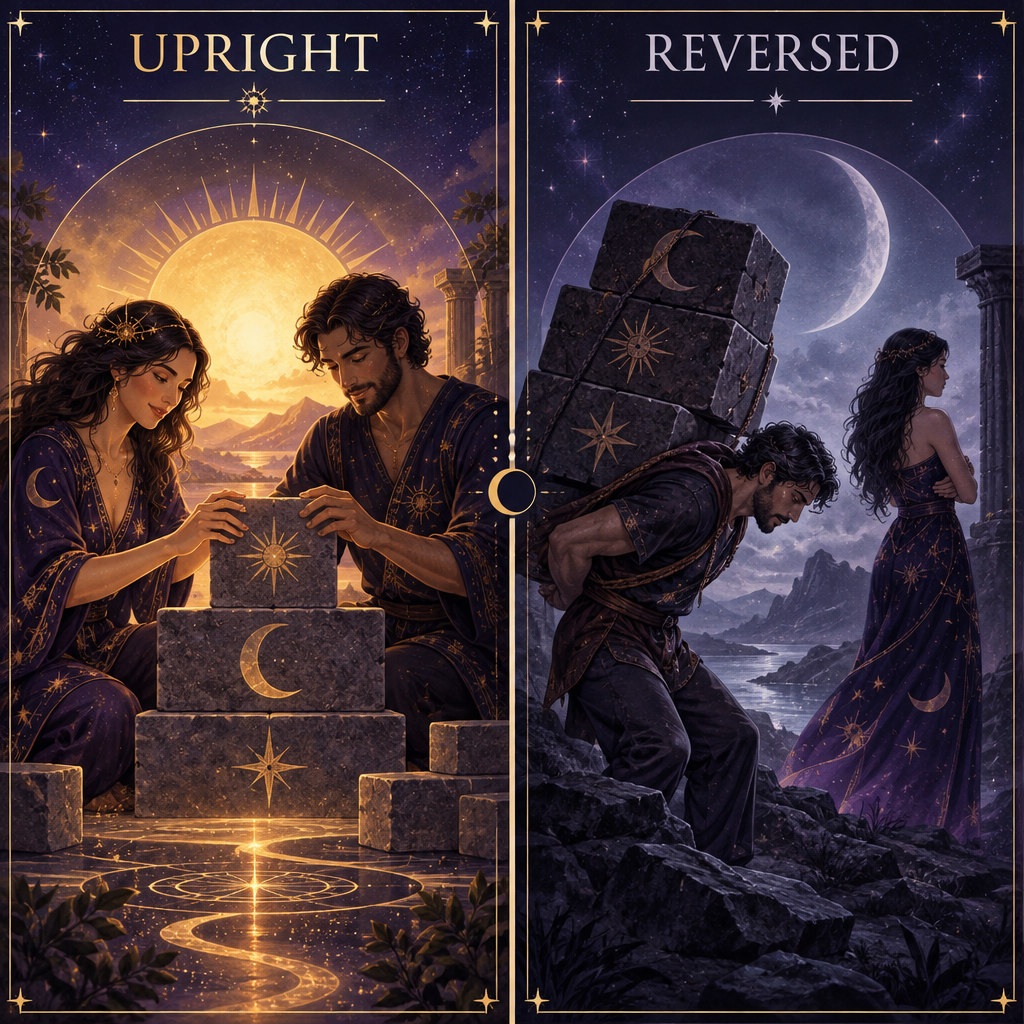 Upright vs Reversed Three of Pentacles in Love