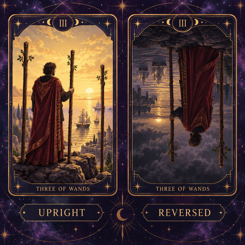 Three of Wands Tarot Card Upright vs Reversed